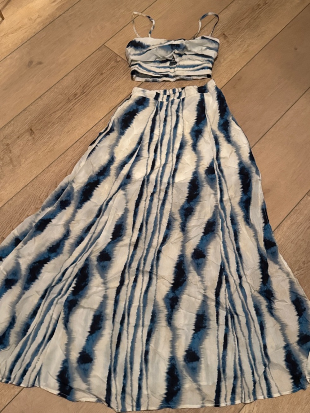 Aakaa Blue and White Tie-Dye Maxi Skirt & Crop Top Set